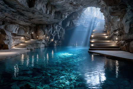 An underground cave features crystal clear blue water and illuminated stone stairs, showing natural beauty at dawn.の写真素材