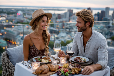 Couple enjoys a romantic dinner with city views at sunset, complete with food and drinks.の写真素材