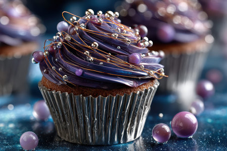A closeup of a cupcake with dark purple frosting and silver decorationsの写真素材