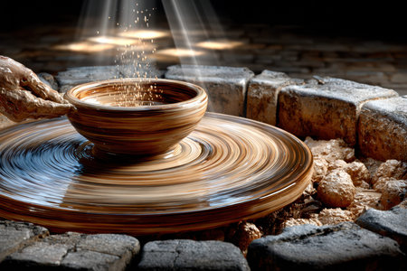Hands shape wet clay into a bowl on a spinning pottery wheelの写真素材