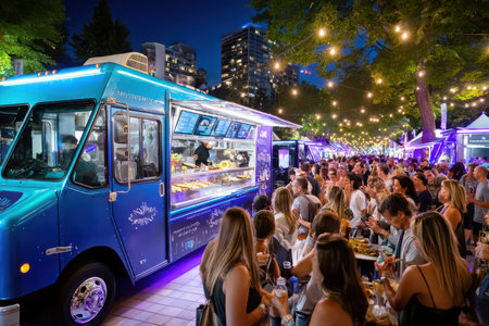 A bustling night market scene with a food truck serving a crowd of peopleの写真素材