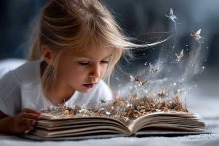 A child lies on a soft surface, captivated by a storybook that releases sparkling creatures into the air.の写真素材