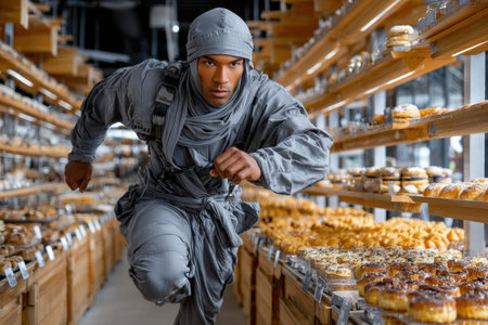A focused individual in gray attitude sprints through a bakery, surrounded by an array of pastries and treats.の写真素材