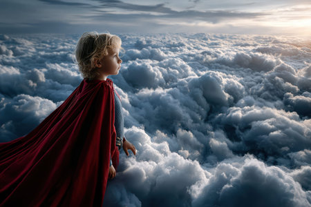 A young child wearing a red cape stands on fluffy clouds, looking at a stunning sunset in the distance.の写真素材