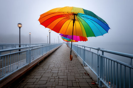 Colorful umbrellas line a misty walkway near water, offering a striking contrast on a gray morning.の写真素材