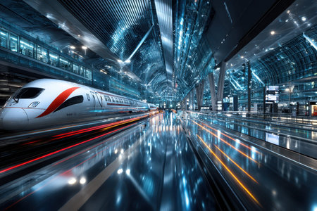 A modern high-speed train races through a futuristic station at nightの写真素材