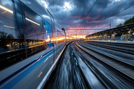 A high-speed train departs a station at sunsetの写真素材