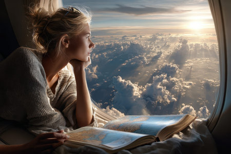 A woman leans on her hand, looking at the horizon through an airplane window as the sun sets.の写真素材