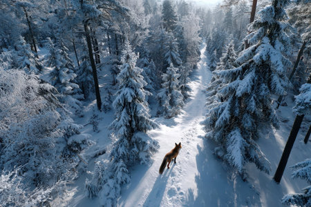 A red fox walks down a snowy path in a winter forestの写真素材