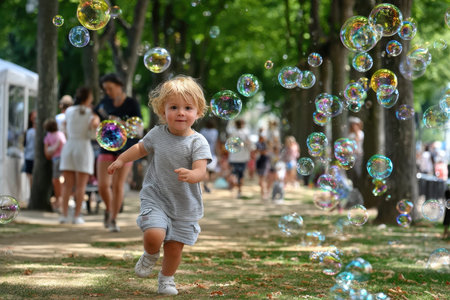 A young child is running excitedly in a park, surrounded by floating bubbles, enjoying a beautiful day.の写真素材
