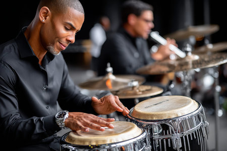 A skilled drummer enjoys playing conga drums while a flutist accompanies him during a performance at dusk.の写真素材