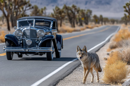 A coyote crosses a desert road in front of a vintage carの写真素材