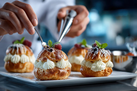 Chef adds delicate fresh berries and mint leaves on topped cream puffs in a well-equipped kitchen.の写真素材