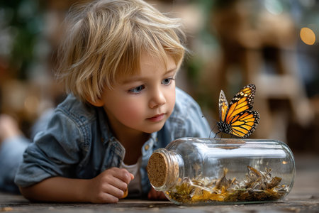 A child with blonde hair is captivated by a butterfly resting on a glass jar filled with leaves.の写真素材