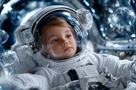 A young child in a white astronaut outfit observes bubbles gently floating in a futuristic, space-themed setting.の写真素材