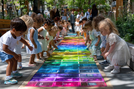 Young children gather around a vibrant, interactive pathway, enjoying a playful activity in a lively urban park setting.の写真素材