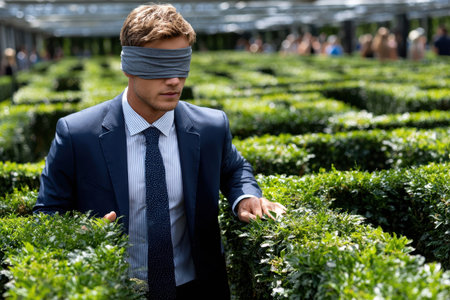 A man wearing a suit and blindfold explores a hedge maze amidst a lively outdoor gathering on a clear day.の写真素材