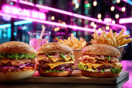 Three delicious burgers and fries on a wooden board in a neonlit barの写真素材