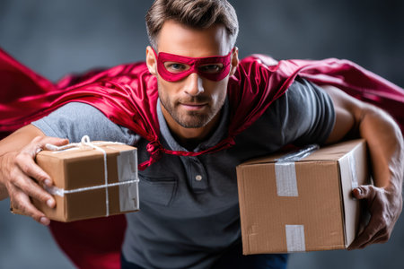 A man dressed as a superhero rushes while holding two delivery boxes, showing determination and flair.の写真素材