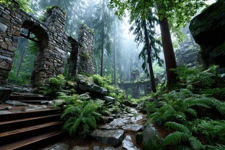 A path through a lush green forest leads to ancient stone ruinsの写真素材