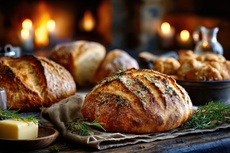 Freshly baked loaves of bread on a wooden table with herbsの写真素材