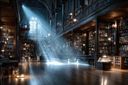 Empty grand library interior with bookshelves, light beams, and dark wood floorの写真素材