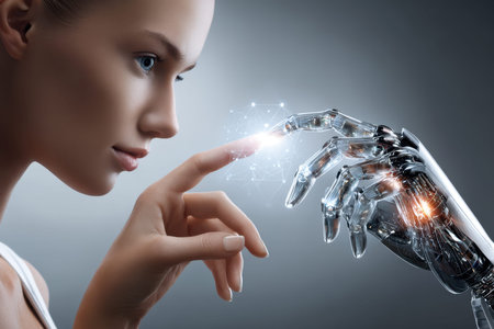 A robotic hand and a human hand reach towards each other, showing the blend of technology and humanity.の写真素材