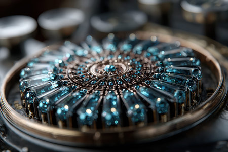 A stunning arrangement of blue gemstones is artfully displayed in a circular formation, showcasing craftsmanship.の写真素材