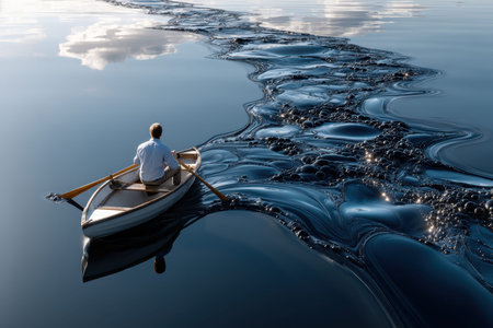 A person rows a small boat across a serene lake under a clear blue sky, creating ripples on the surface.の写真素材