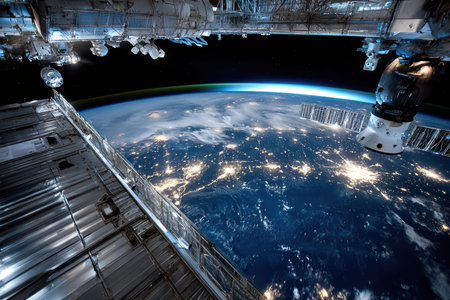 The Earth at night seen from a space station in orbitの写真素材