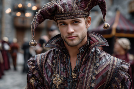 A young man dressed as a jester showcases intricate details of his costume during a lively festival.の写真素材