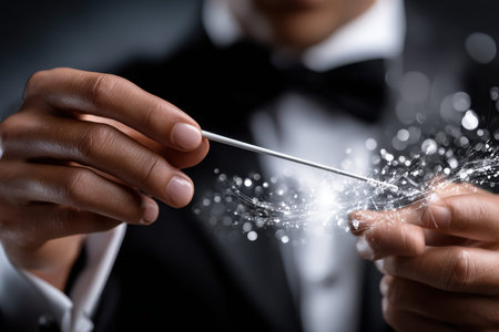 A magician skillfully twirls a wand, conjuring dazzling light effects in a mesmerizing performance.の写真素材