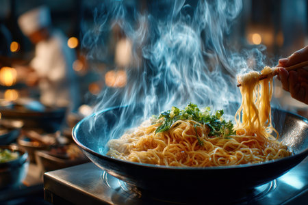 Closeup of steaming hot noodles being lifted with chopsticks from a wokの写真素材
