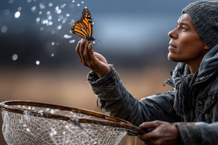 A person studies a monarch butterfly perched gently on their fingers during an outdoor moment.の写真素材