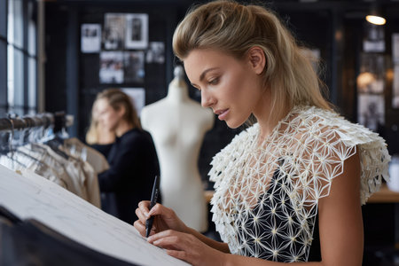 Designer focuses on creating a fashion illustration in a modern studio filled with creative energy.の写真素材