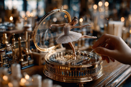 A hand winds a music box featuring a delicate ballet dancer as it spins elegantly amidst warm, ambient lighting.の写真素材