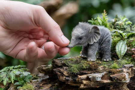 A young elephant is gently touched by a hand in a beautiful, green garden filled with plants.の写真素材