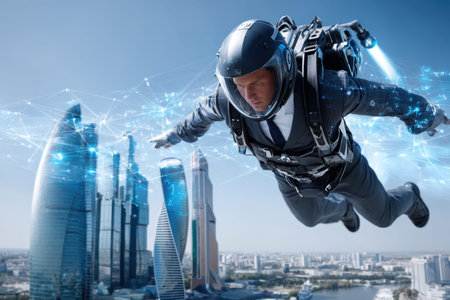 A professional man in a suit uses a jetpack to soar high above a modern urban landscape on a sunny day.の写真素材