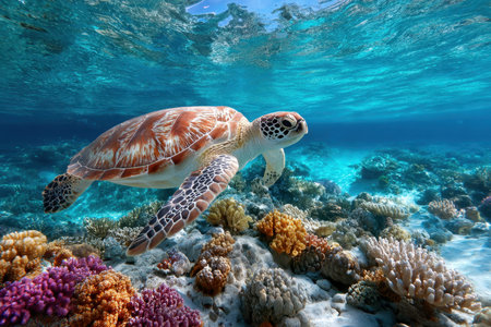 A vibrant coral reef under the crystal-clear ocean, shot in an underwater housing, with a rare albino turtle swimming byの写真素材