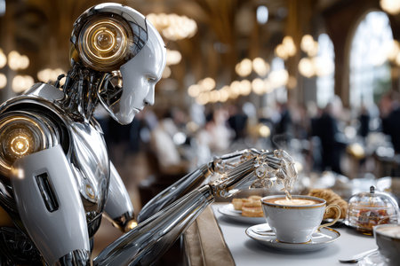 A robot sits at a cafe, carefully pouring coffee into a cup while surrounded by elegantly dressed patrons.の写真素材