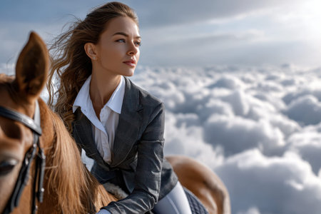 A woman elegantly dressed in a suit rides a horse high above fluffy clouds, showcasing grace and adventure.の写真素材