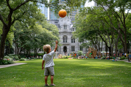 A child wearing a white shirt stands on grass, reaching for a ball in a lively urban park setting.の写真素材