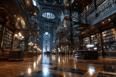 An ornate library interior with bookshelves, chandeliers, and wooden floorsの写真素材