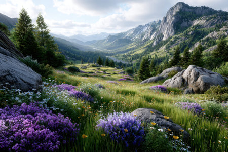 A meadow filled with colorful wildflowers in a mountain valleyの写真素材