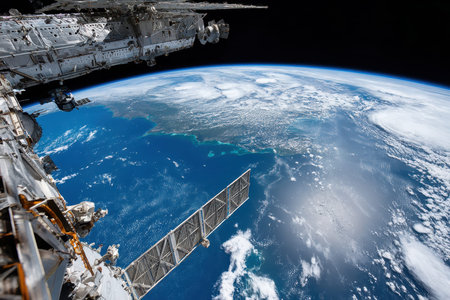 Earth is seen from the International Space Station, showing vibrant oceans and swirling clouds beneath the sunlight.の写真素材