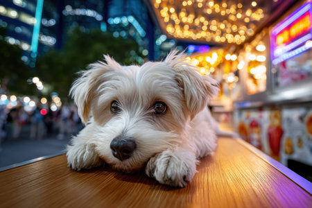 A small, white dog lies on a wooden table at an outdoor night marketの写真素材
