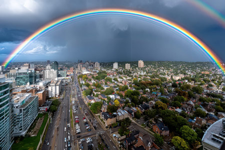 A double rainbow arches over a city with dark clouds in the backgroundの写真素材