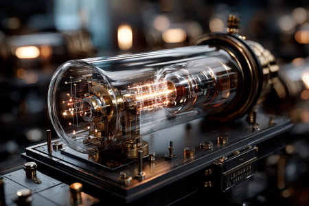 A detailed view of a vintage vacuum tube showing its glowing filaments, placed in a workshop with warm lighting.の写真素材