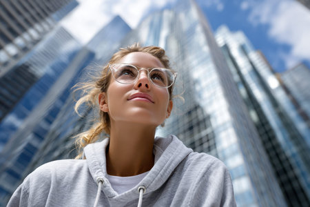 Woman wearing a casual hoodie looks up thoughtfully, surrounded by glass skyscrapers under a bright sky.の写真素材