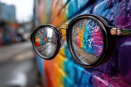 Round eyeglasses reflect a colorful graffiti alley in an urban settingの写真素材